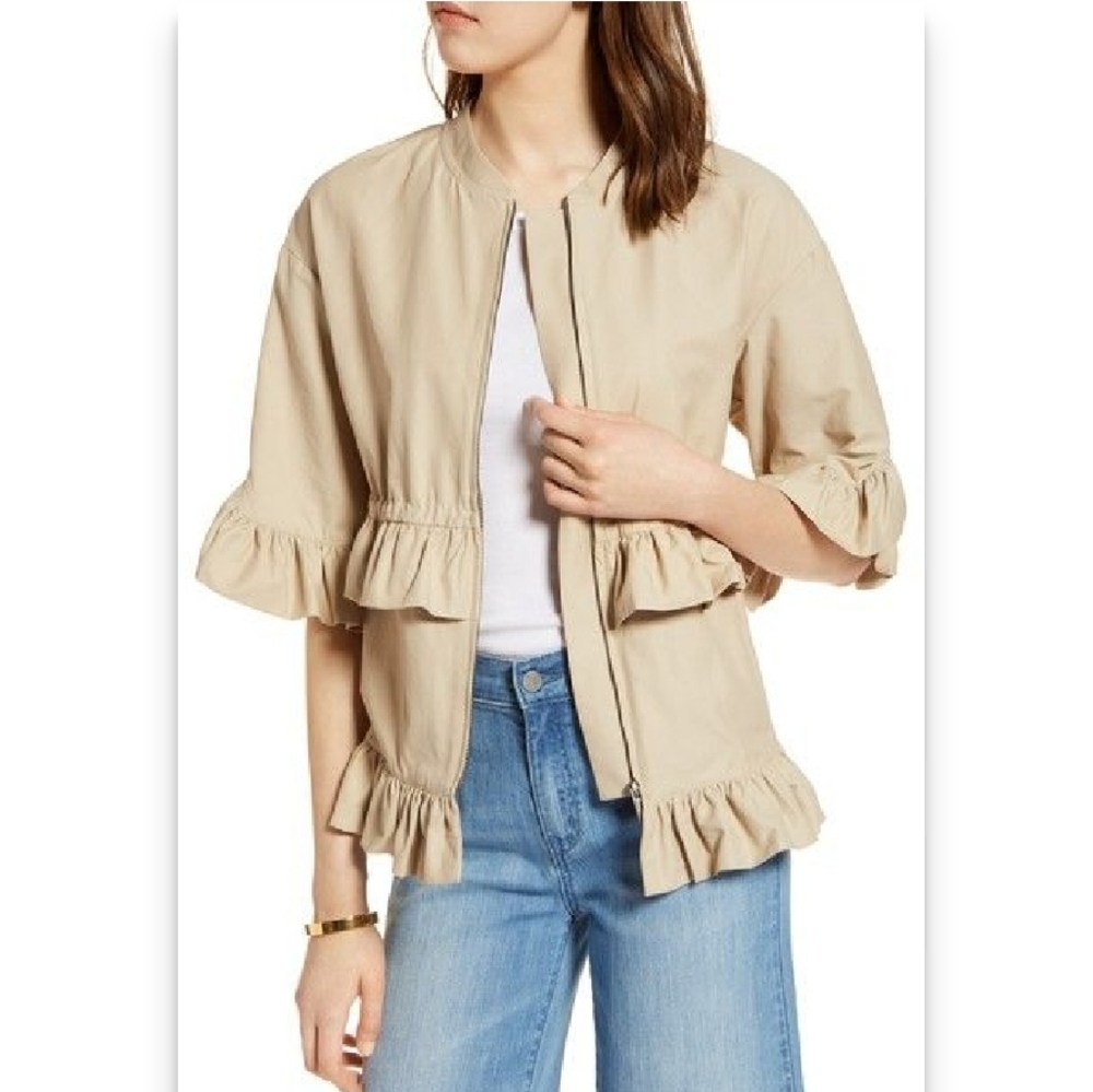 *New!* HALOGEN zip front khaki ruffle jacket
